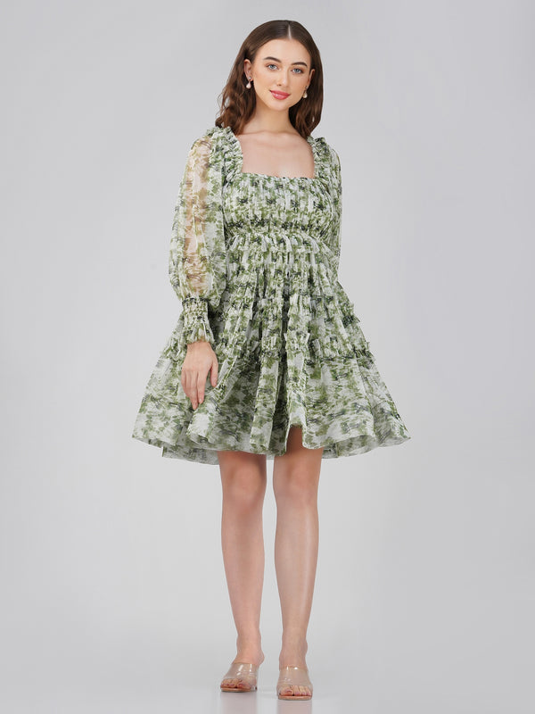 Lace & Beads Petite Jessica Tulle Dress In Green Print