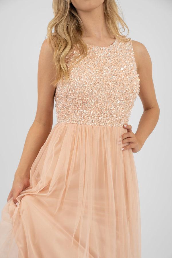 Lace & Beads Picasso Blush Pink Embellished Bridesmaid Maxi Dress