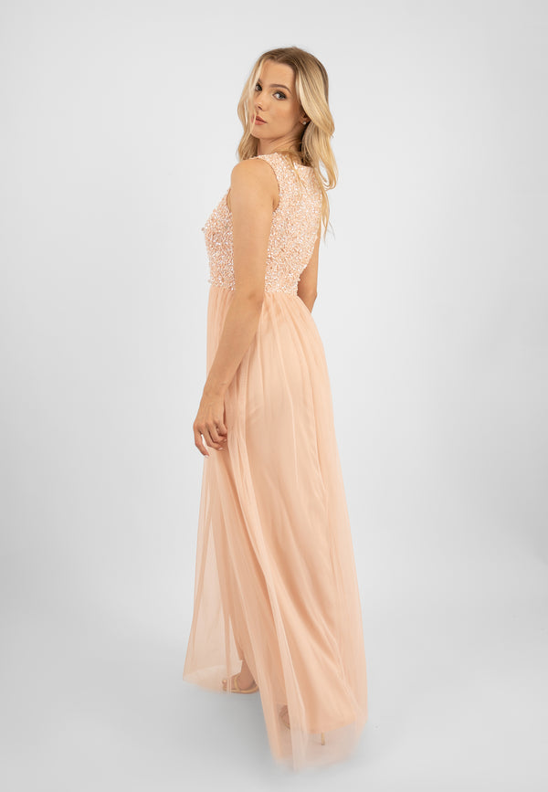 Lace & Beads Picasso Blush Pink Embellished Bridesmaid Maxi Dress