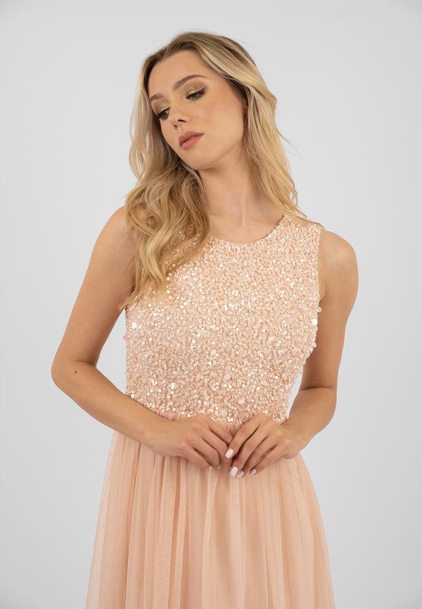 Lace & Beads Picasso Blush Pink Embellished Bridesmaid Maxi Dress