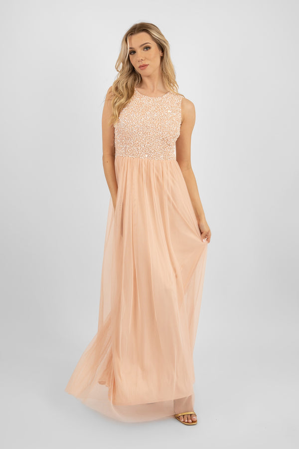 lace & beads Picasso Blush Pink Embellished Bridesmaid Maxi Dress