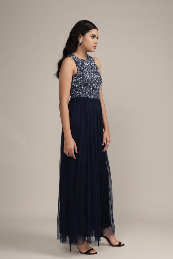 Lace & Beads Picasso Embellished Maxi Dress In Navy With Pearl Beads