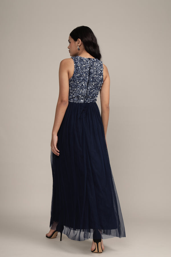Lace & Beads Picasso Embellished Maxi Dress In Navy With Pearl Beads