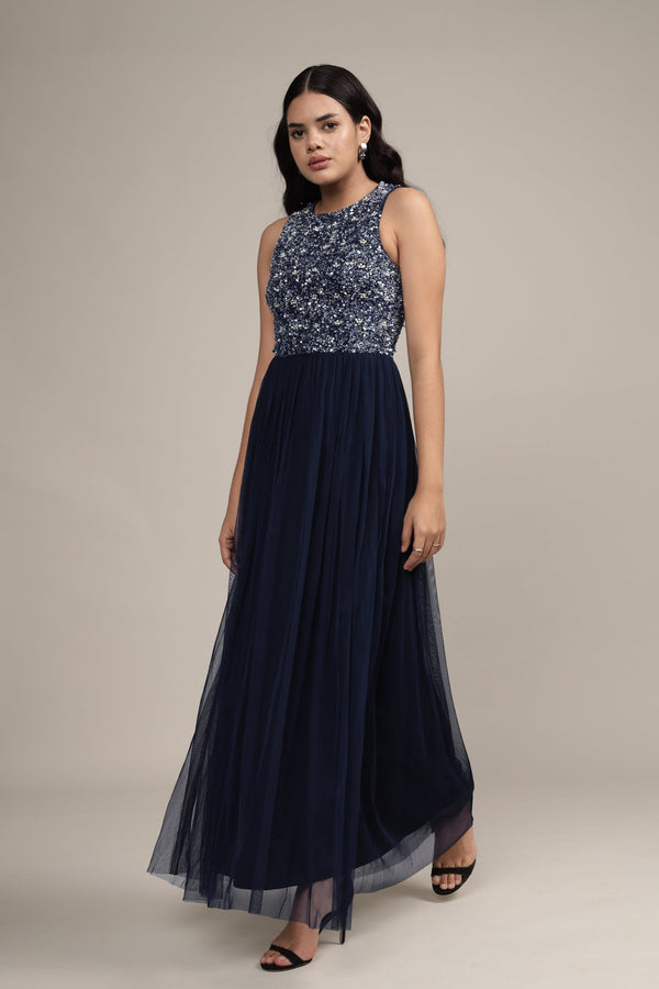 lace & beads Picasso Embellished Maxi Dress in Navy with Pearl Beads