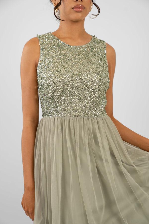 Lace & Beads Picasso Sage Green Embellished Bridesmaid Dress
