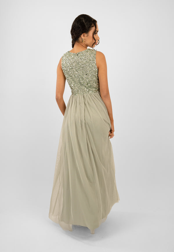 Lace & Beads Picasso Sage Green Embellished Bridesmaid Dress