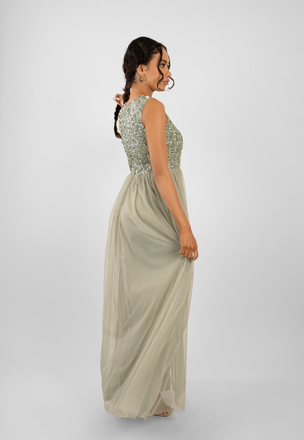 Lace & Beads Picasso Sage Green Embellished Bridesmaid Dress