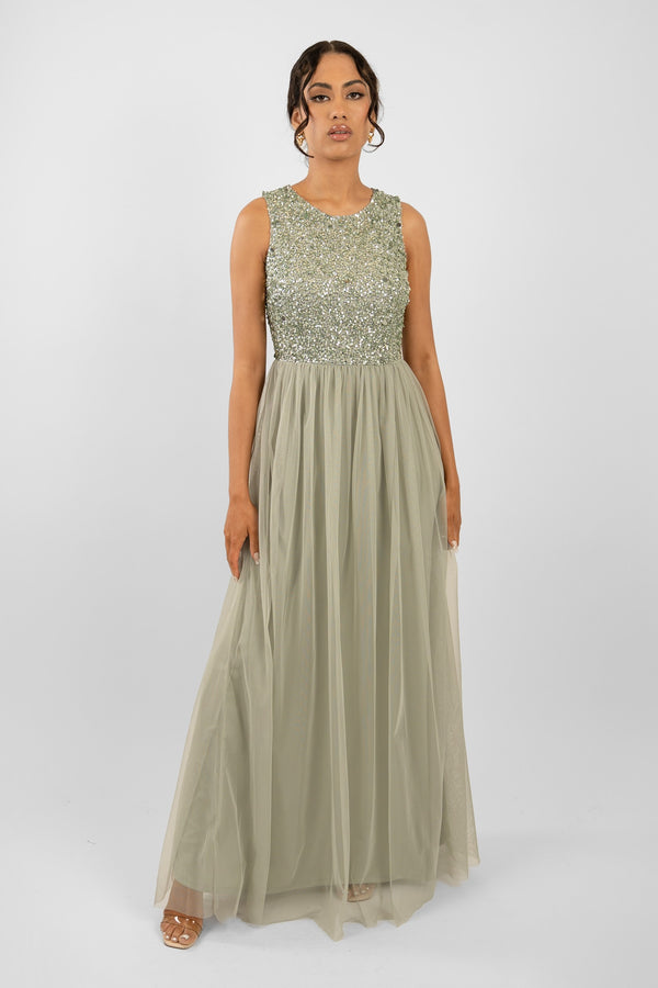 lace & beads Picasso Sage Green Embellished Bridesmaid Dress