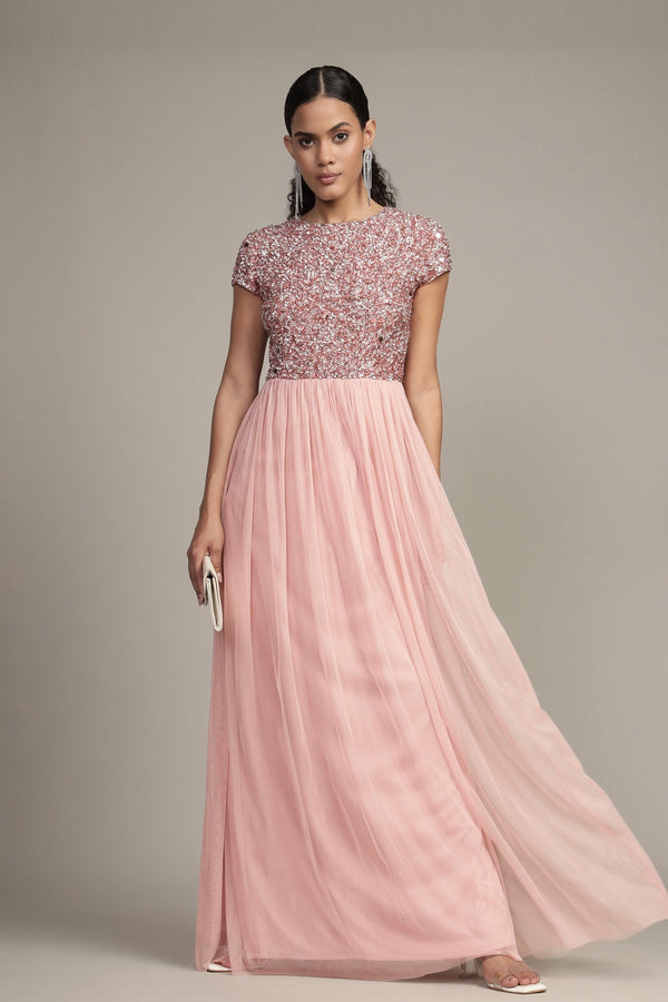 Lace & Beads Picasso Short Sleeve Blush Pink Bridesmaid Dress