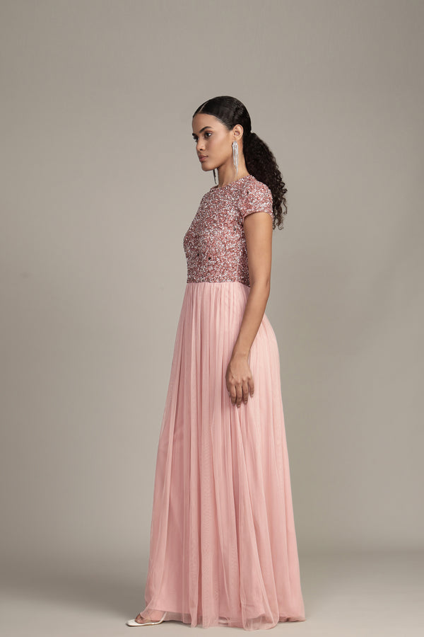 Lace & Beads Picasso Short Sleeve Blush Pink Bridesmaid Dress