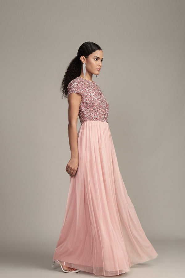 Lace & Beads Picasso Short Sleeve Blush Pink Bridesmaid Dress