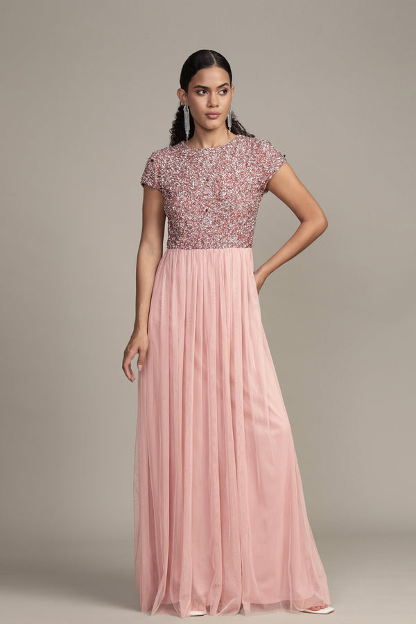 lace & beads Picasso Short Sleeve Blush Pink Bridesmaid Dress