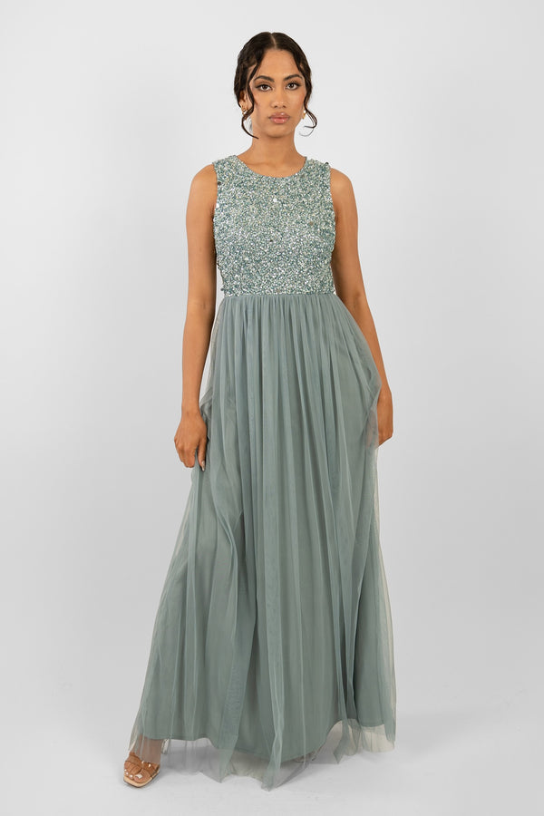 lace & beads Picasso Teal Embellished Bridesmaid Maxi Dress