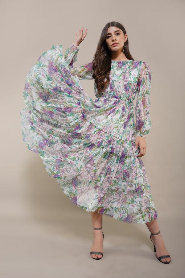 Lace & Beads Rebecca Midi Dress In Purple Green Floral