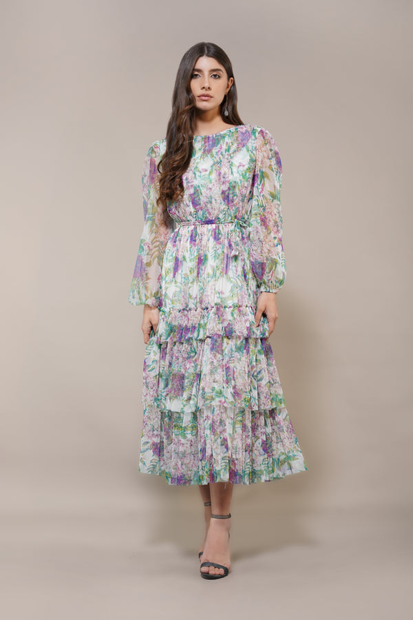 lace & beads Rebecca Midi Dress in Purple Green Floral