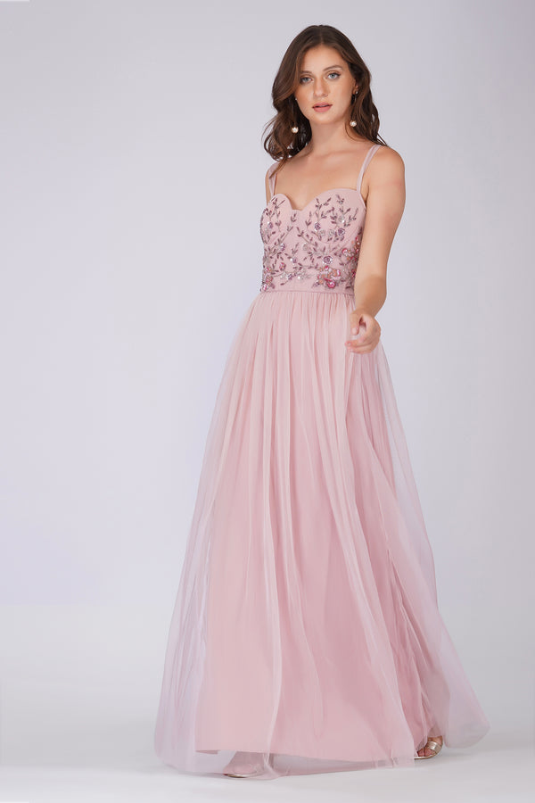 Lace & Beads Riva Embellished Corset Maxi Dress In Pink