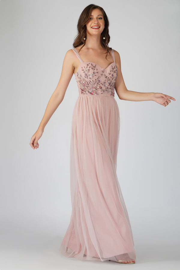 lace & beads Riva Embellished Corset Maxi Dress in Pink