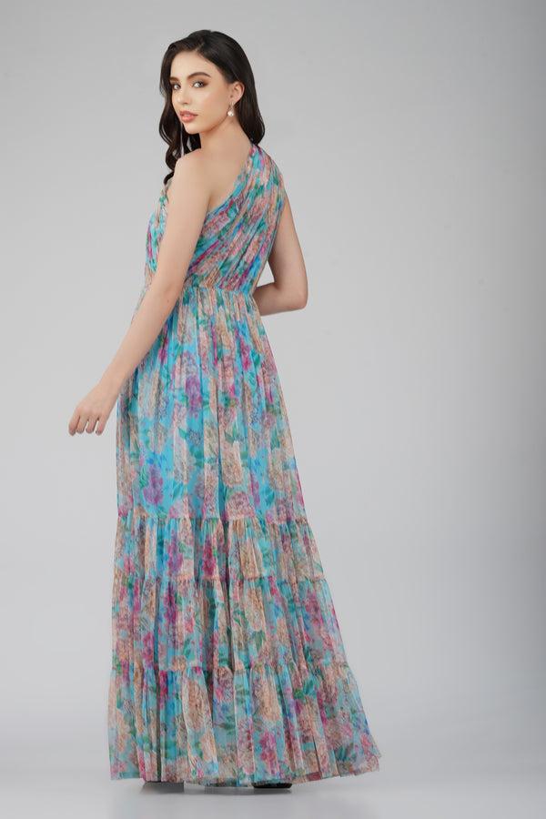 Lace & Beads Roka Floral One Shoulder Maxi Dress In Blue