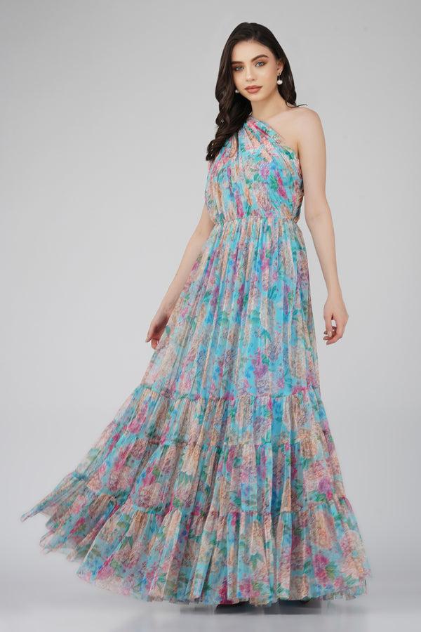 Lace & Beads Roka Floral One Shoulder Maxi Dress In Blue
