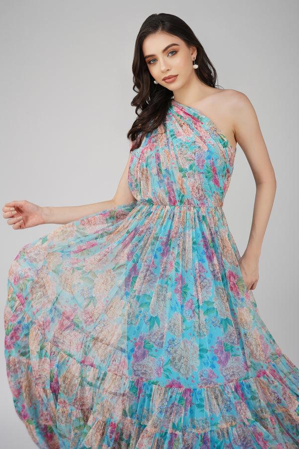 Lace & Beads Roka Floral One Shoulder Maxi Dress In Blue