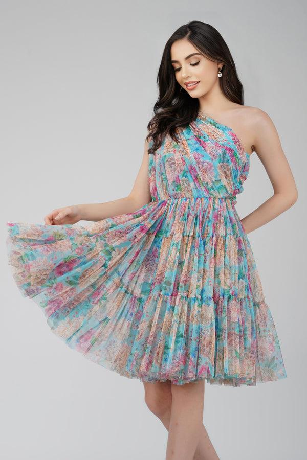 Lace & Beads Roka Floral One Shoulder Mini Dress In Blue