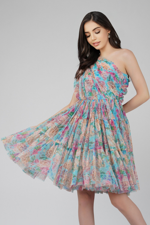 lace & beads Roka Floral One Shoulder Mini Dress in Blue