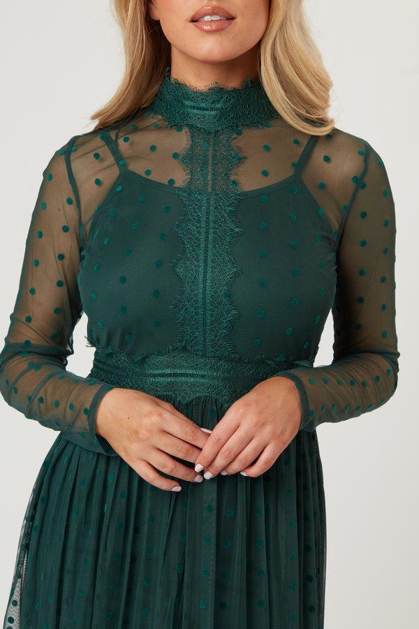 Lace & Beads Roman Lola Polka Dot Midi Dress In Green