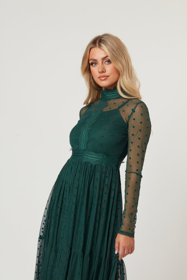 Lace & Beads Roman Lola Polka Dot Midi Dress In Green