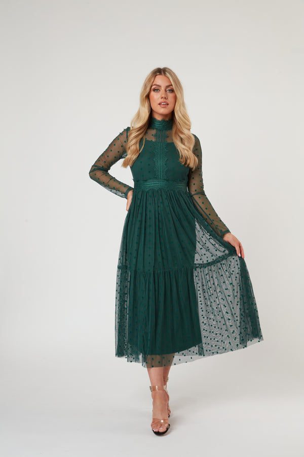 Lace & Beads Roman Lola Polka Dot Midi Dress In Green