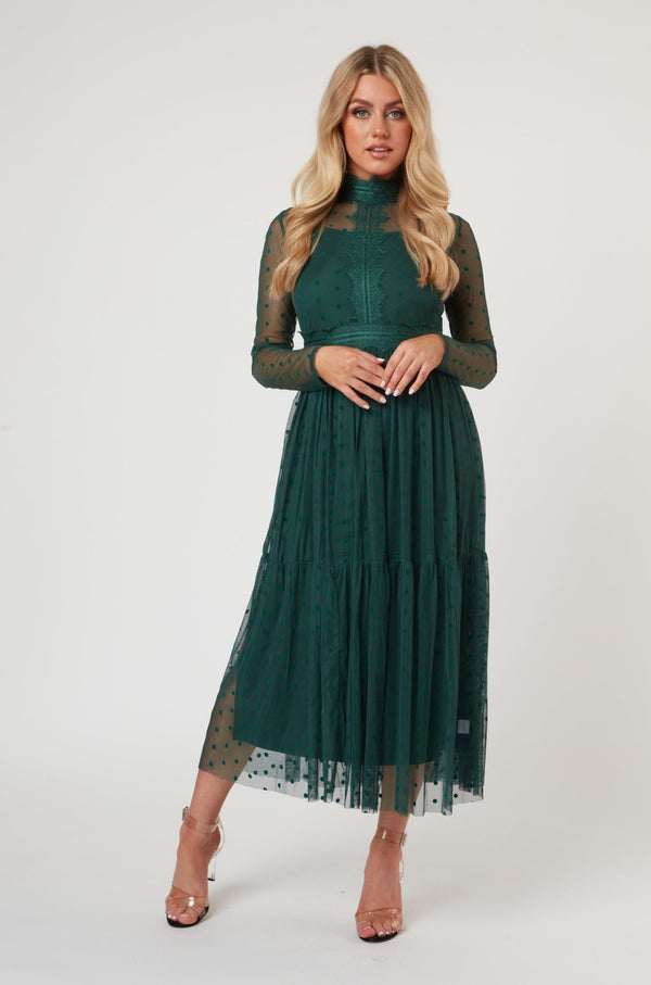 lace & beads Roman Lola Polka Dot Midi Dress in Green