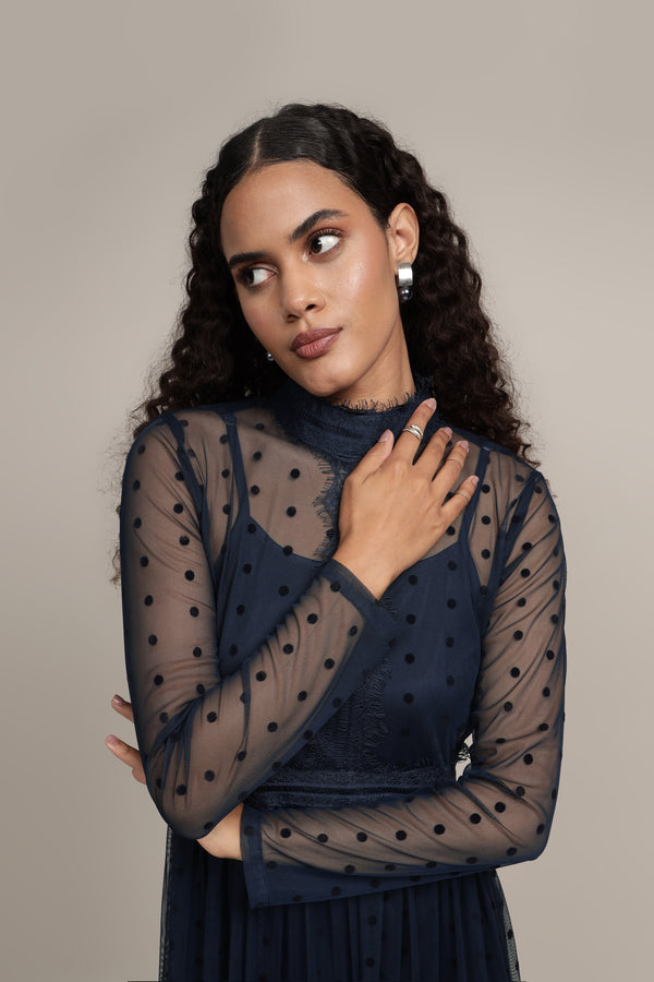 Lace & Beads Roman Lola Polka Dot Midi Dress In Navy Blue