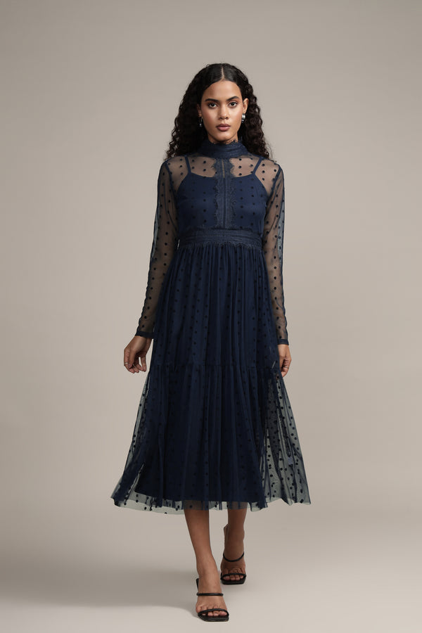Lace & Beads Roman Lola Polka Dot Midi Dress In Navy Blue