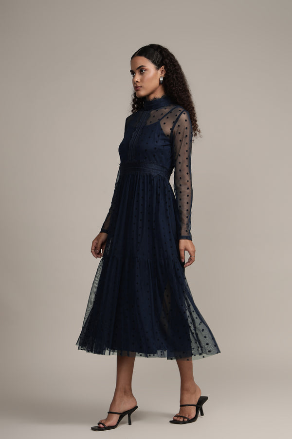 Lace & Beads Roman Lola Polka Dot Midi Dress In Navy Blue