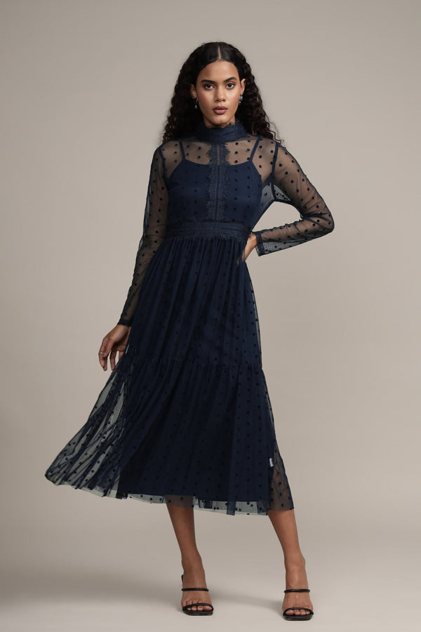 lace & beads Roman Lola Polka Dot Midi Dress in Navy Blue