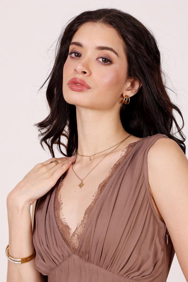 lace & Beads Ronnie Jumpsuit In Taupe With Lace Detail