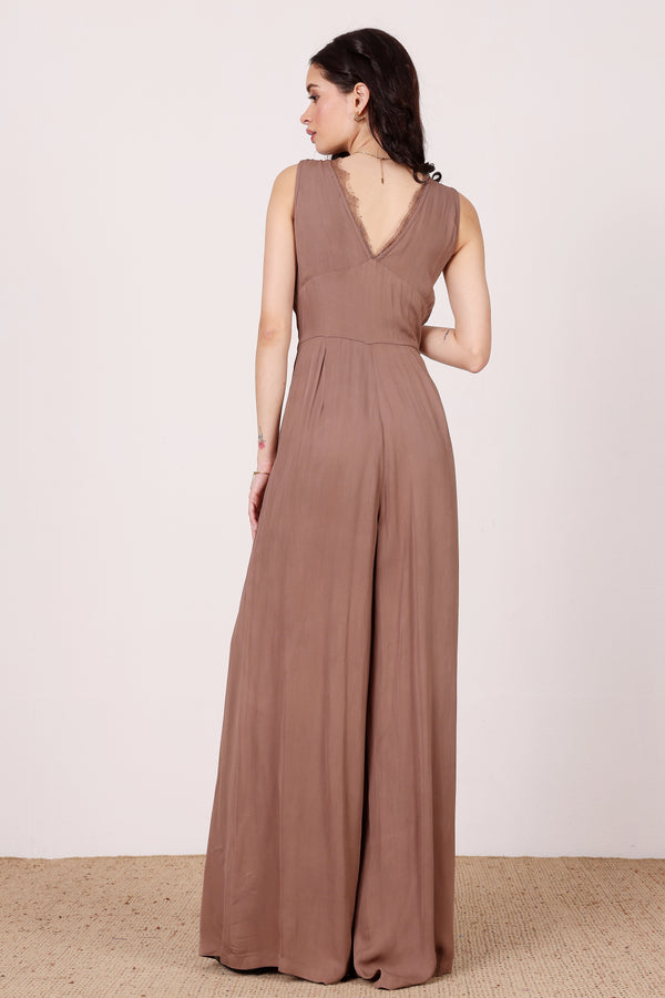 lace & Beads Ronnie Jumpsuit In Taupe With Lace Detail
