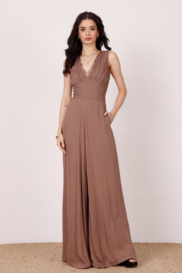 lace & beads Ronnie Jumpsuit in Taupe with Lace Detail