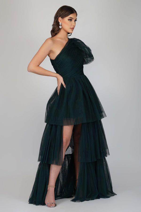 Lace & Beads Rowan Emerald Green One Shoulder Tulle Gown