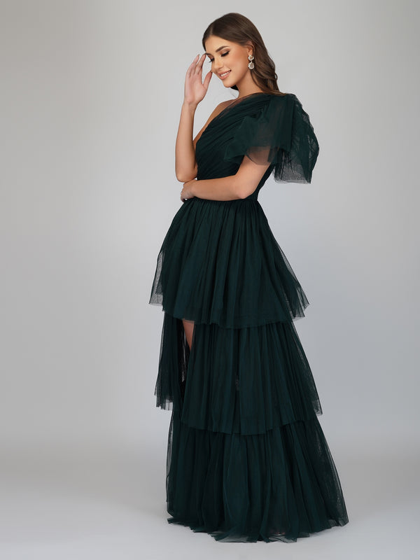 Lace & Beads Rowan Emerald Green One Shoulder Tulle Gown