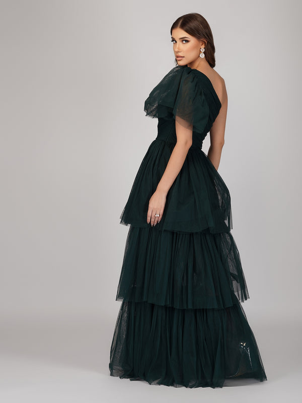 Lace & Beads Rowan Emerald Green One Shoulder Tulle Gown
