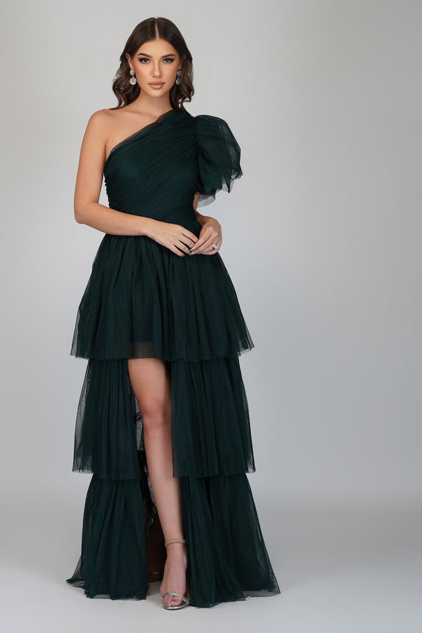 lace & beads Rowan Emerald Green One Shoulder Tulle Gown