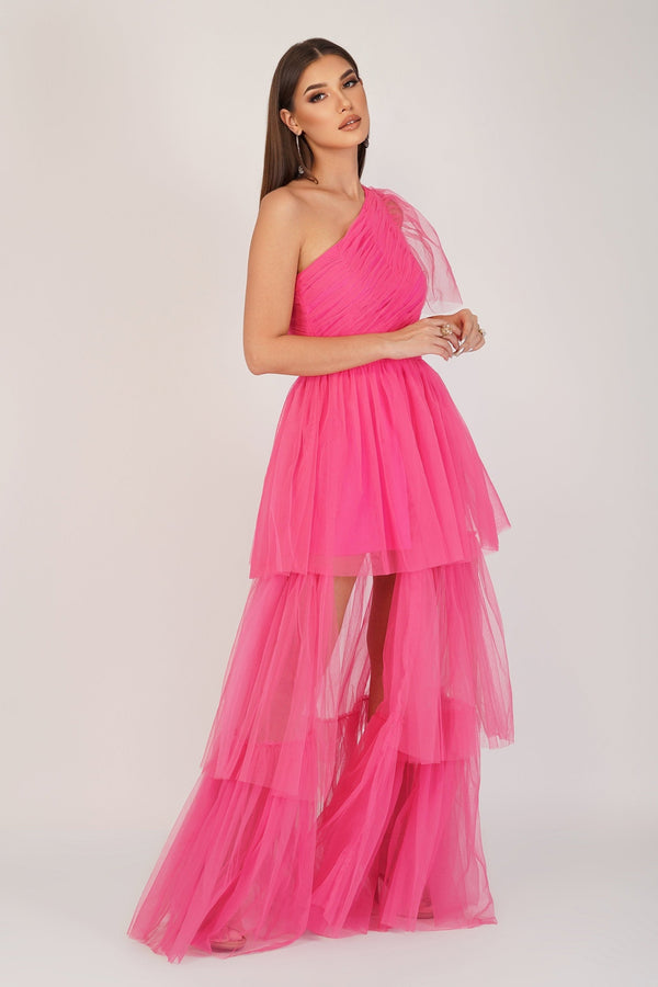 Lace & Beads Rowena Bright Pink One Shoulder Tulle Gown