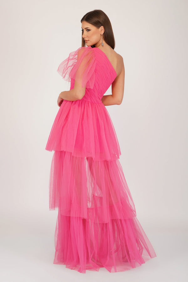 Lace & Beads Rowena Bright Pink One Shoulder Tulle Gown