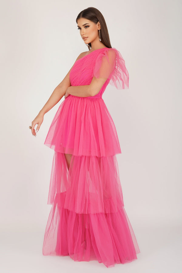 Lace & Beads Rowena Bright Pink One Shoulder Tulle Gown