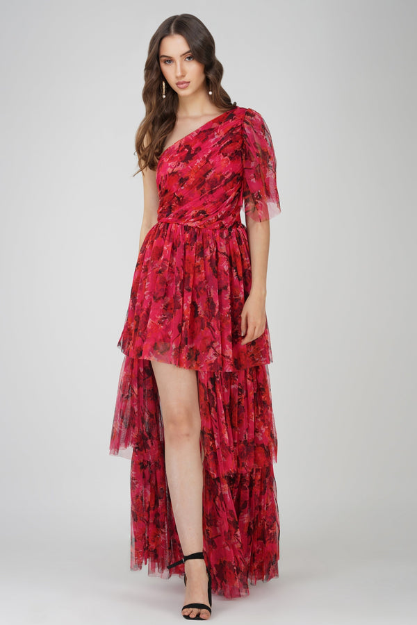 Lace & Beads Rowena Red Pink Printed One Shoulder Maxi Dress