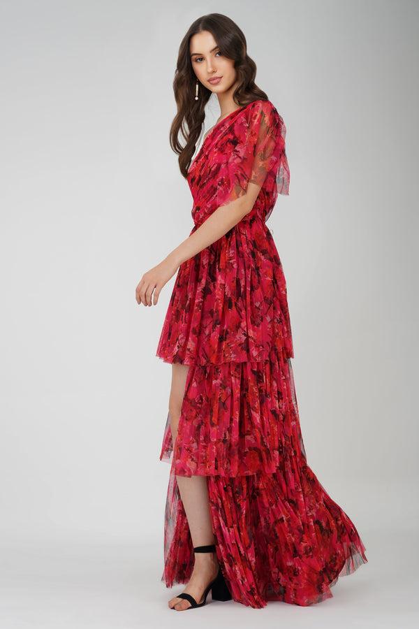 Lace & Beads Rowena Red Pink Printed One Shoulder Maxi Dress