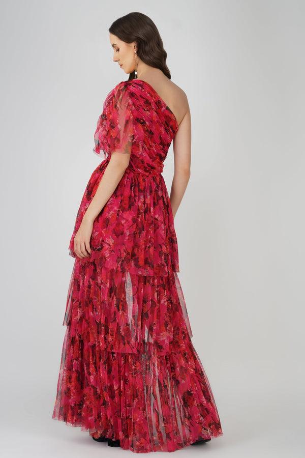 Lace & Beads Rowena Red Pink Printed One Shoulder Maxi Dress