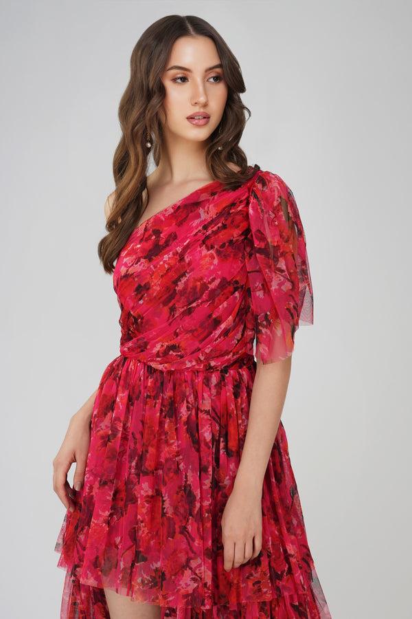 lace & beads Rowena Red Pink Printed One Shoulder Maxi Dress