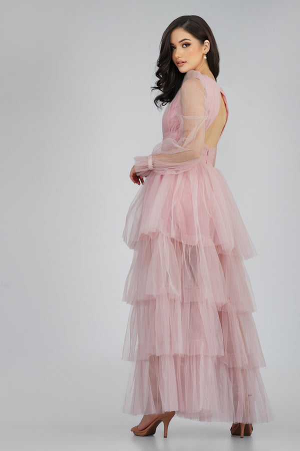 lace & beads Salma Long Sleeve Tulle Maxi Dress in Pink