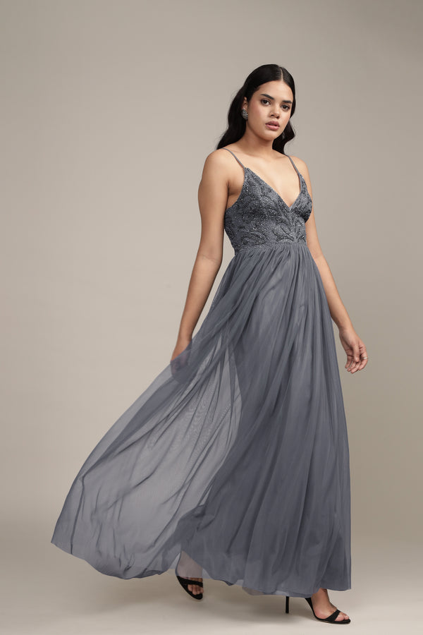 Lace & Beads Seraphina Embellished Maxi Dress In Grey